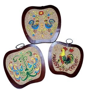 Dutch Folk Art Roosters Painted on Cork Apple Shaped Wood Wall Hanging Vtg Lot 3